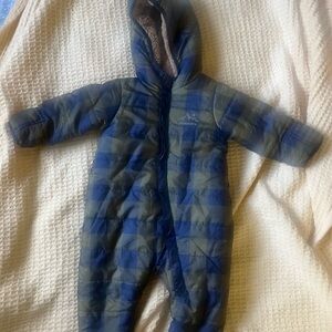 Eddie Bauer Baby Green & Blue Plaid Hooded  One Piece snow suit 6-9 months